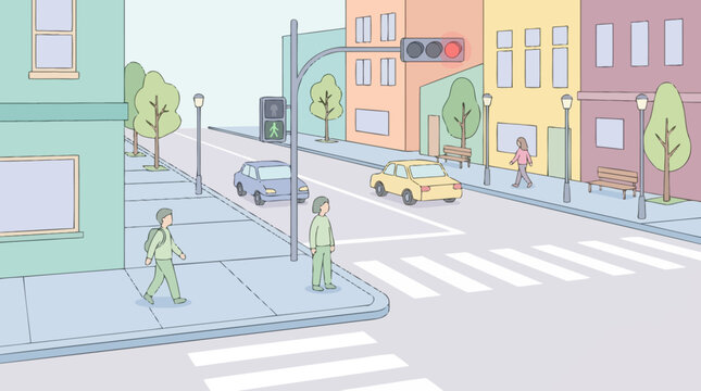 Cartoon City Street Scene with Traffic Lights and Pedestrians