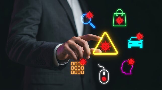 Cybersecurity virus threat concept with businessman touching digital icons, malware infection warning on virtual screen, computer security risk