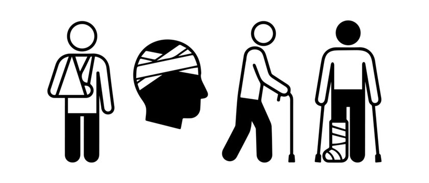 Collection of injury and disability icons including arm sling bandaged head walking stick and crutches