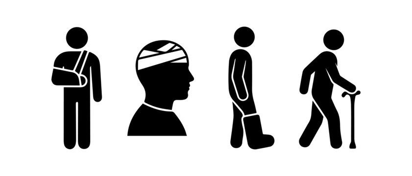 Set of medical injury and disability icons featuring arm sling head bandage cast and walking stick