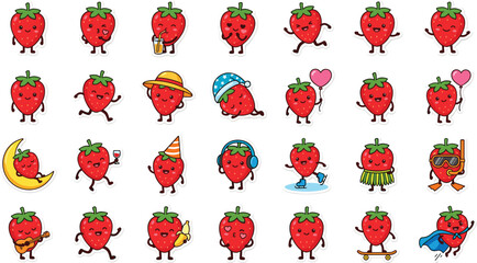 Cute strawberry fruit character sticker set featuring funny red berry mascots in various lifestyle activities emotions and festive holiday poses vector illustration © Jasmin