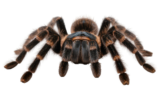 Hairy brown tarantula spider with black legs and orange bands