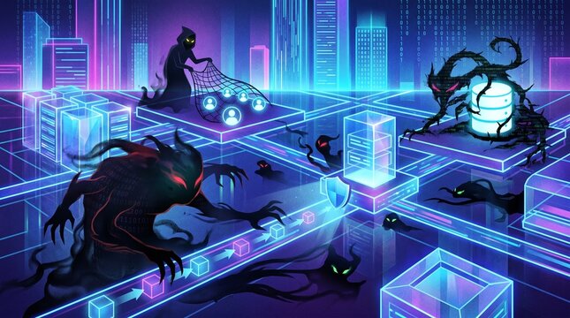 Cyberpunk illustration of a futuristic cityscape with monstrous creatures and a hooded figure catching people in a net on a neon lit grid with digital blocks and servers