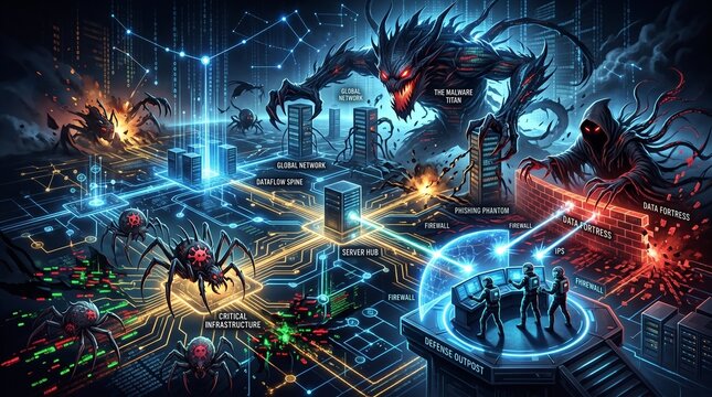Cyber security concept with monsters and cityscape in futuristic digital world with data flow and network protection