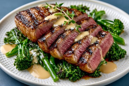 Grilled steak cuts medium rare with broccolini and sauce