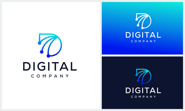Minimalist letter D digital dot internet technology logo design vector
