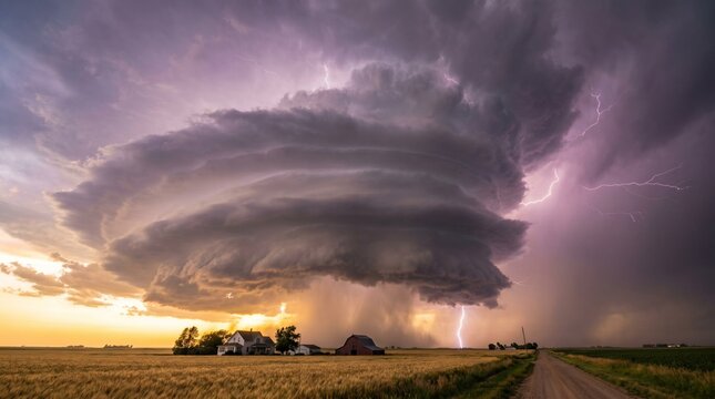 Massive supercell thunderstorm and lightning strikes over rural farm