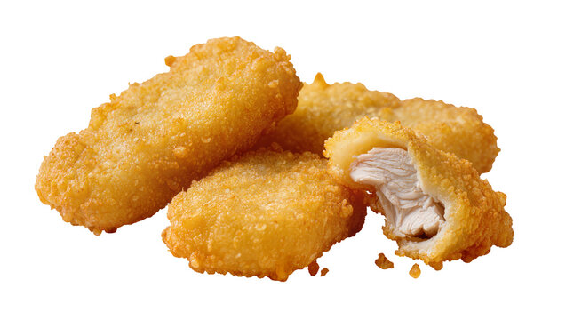 Crispy golden chicken nuggets, one broken open showing white meat