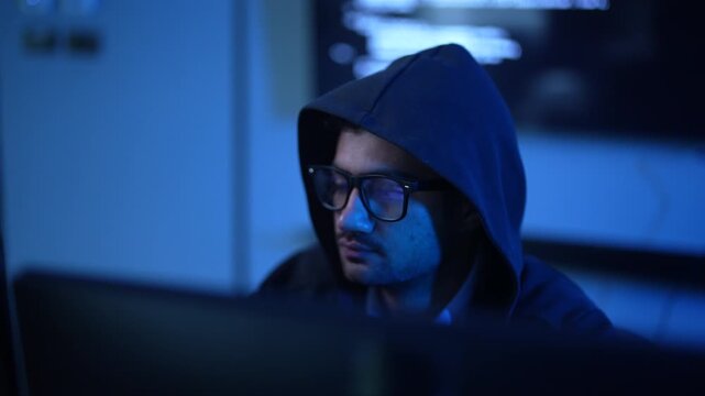Hacker male wearing hoodie typing on computer keyboard in dark room, Concept of cybersecurity, cybercrime, software engineering, dark web, data breaches and modern digital network protection