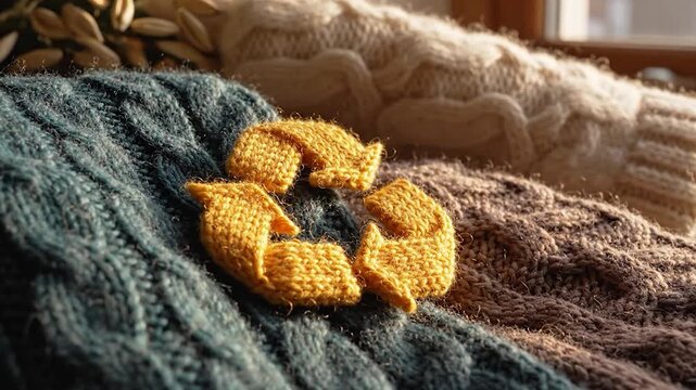 Yellow knitted recycling symbol resting on top of stack of textured wool sweaters