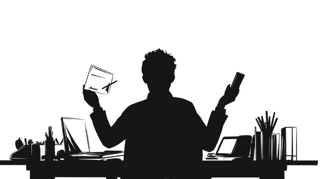 Businessman sits at a desk while multitasking with a document and a mobile device in a busy office.