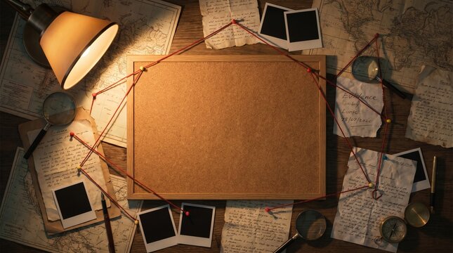 Blank corkboard surrounded by detective investigation notes and maps