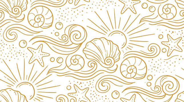 Seashells and sun line art seamless pattern vector design