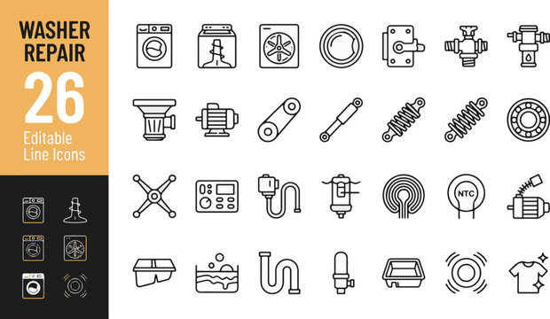 Washer repair line icon set. Washing machine parts, motor, belt, bearing, pump, shock absorber, heating element, door lock, electronic control board minimal vector illustration. Simple outline signs.