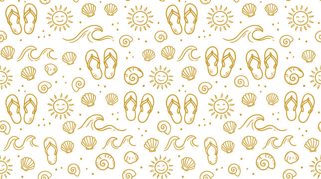 Summer beach vacation doodle pattern with flip flops and sun