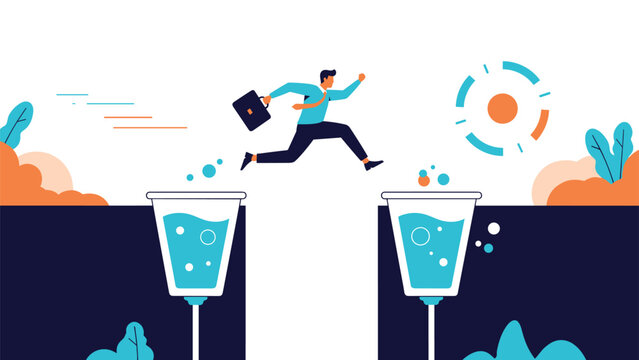 Fearless businessman jumping over a dangerous gap between chemical beakers to reach his career goals and milestones.