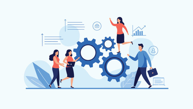 Collaborative team of professionals working efficiently together as part of a well-oiled corporate machine with gears.
