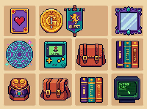 Pixel Art Fantasy RPG Game Asset Icon Set with Retro 8-Bit Quest Items, Magic Books, Treasure, and Hardware