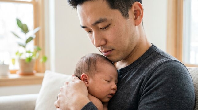 Asian Father Holding Newborn Baby