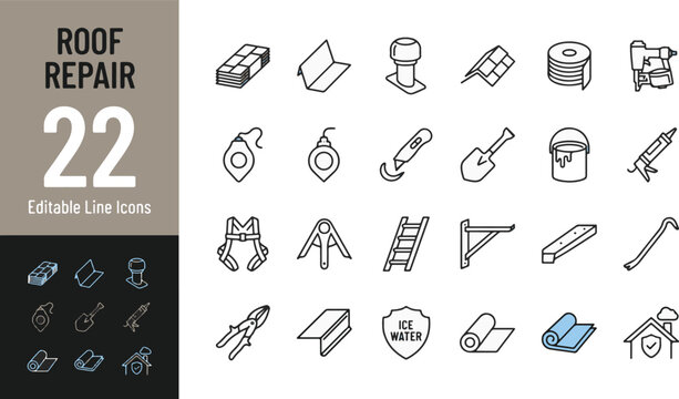 Roof repair and construction line icon set. Shingle, flashing, vent, nail gun, sealant, safety harness, ladder, pry bar, maintenance minimal vector illustration. Simple outline signs. Editable Stroke.
