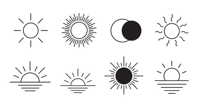 Minimalist sun and sunrise line icon set for graphic design