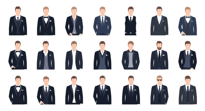 Extensive collection of men wearing different styles of formal suits tuxedos and wedding attire in a grid format.