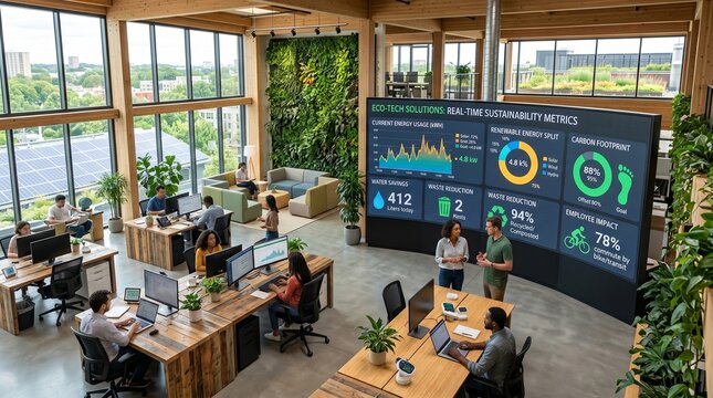 Eco friendly office space with employees working at desks and a large screen displaying sustainability metrics and eco tech solutions in a modern green building with solar panels and living wall