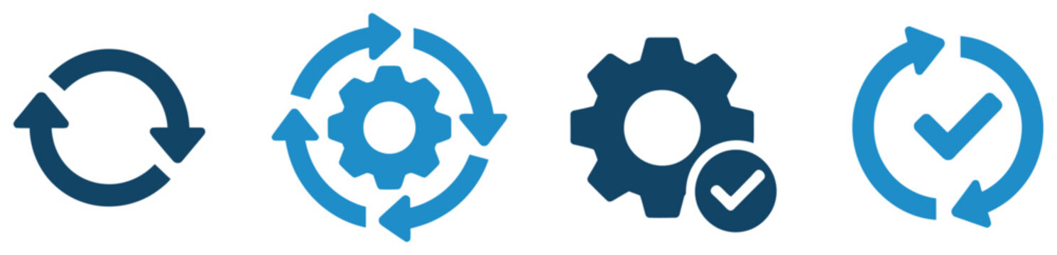 Sync process icon set with circular refresh arrows, gear settings, recycling loops, and checkmark validation symbols for data synchronization, system update, and process renewal interface design
