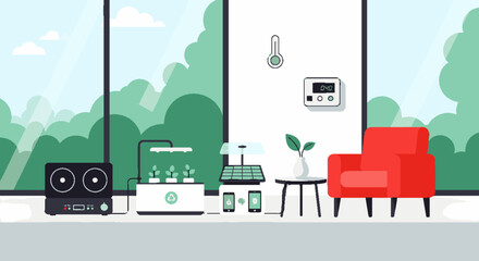Naklejka premium Modern living room with smart home devices and nature view.