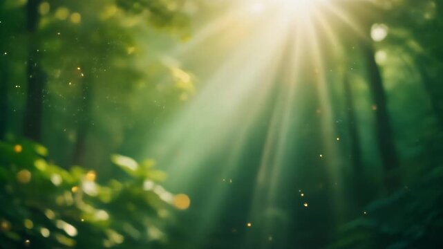 右上からの強いサンビームが深い霧と緑を切り裂く幻想的な夜明け、ゆっくりと漂う光のダストが神秘的なシネマティック動画素材
