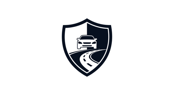 Shield with car on road logo.