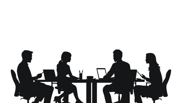 Business professionals communicate while sitting at a table with laptops in a bright office environment.