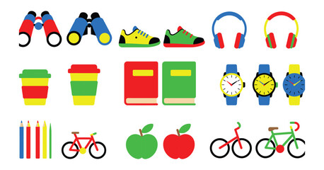Vibrant lifestyle and travel icon collection featuring primary colors and hobby themed symbols for web and mobile design © MstMaya