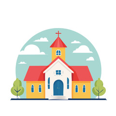 Naklejka premium Flat design illustration of a church building with trees and clouds
