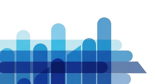 Abstract blue shapes in a layered composition on a plain surface for design elements