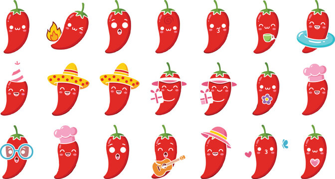 Cute red chili pepper character sticker set featuring funny spicy vegetable mascots in various emotional expressions and lifestyle activities vector illustration