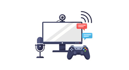 An Illustration Of A Computer Monitor With A Microphone And A Video Game © Konying4