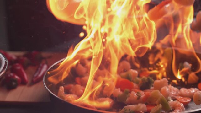 Chef flamb&eacute;ing shrimp and vegetables in a hot pan, intense orange fire flames in a professional kitchen, gourmet seafood stir fry cooking