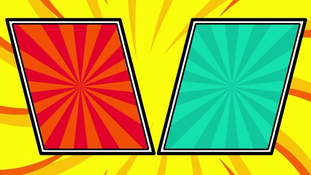 A dynamic comic-style VS screen showing two diagonal panels in red-orange and teal with rotating sunburst ray patterns behind