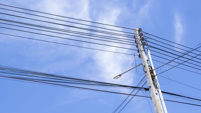 Time lapse,high voltage pole, clear blue sky background.