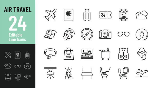 Air travel line icon set. Airplane flight, airport luggage, passport ticket, inflight service, duty free, stewardess, life vest, oxygen mask minimal vector illustration. Simple outline signs for touri