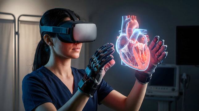 Female doctor using VR headset and haptic gloves to examine 3D heart hologram, Medical technology and virtual reality concept in cardiology and healthcare.