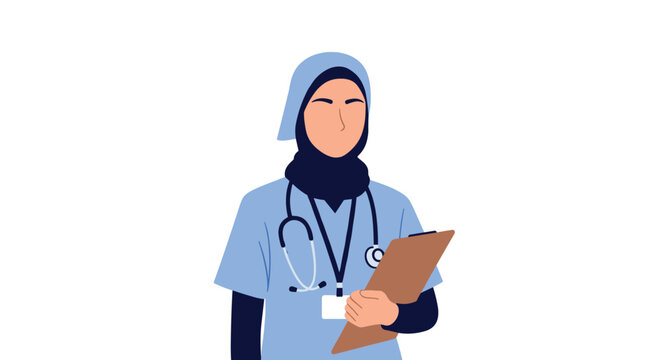 Portrait of a professional muslim female nurse or doctor wearing a blue uniform and a hijab while holding a clipboard and stethoscope.