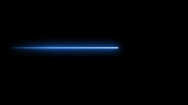 Abstract glowing blue neon light laser beam line moving left two right video on black background,  