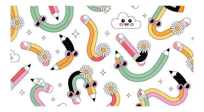 Cute rainbow pencil seamless pattern with daisies sunglasses and pastel colors cartoon vector illustration for kids school and stationery designs