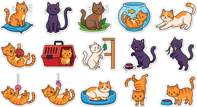 Cute cat and kitten character sticker set featuring funny playful pet mascots in various everyday lifestyle activities flat vector illustration