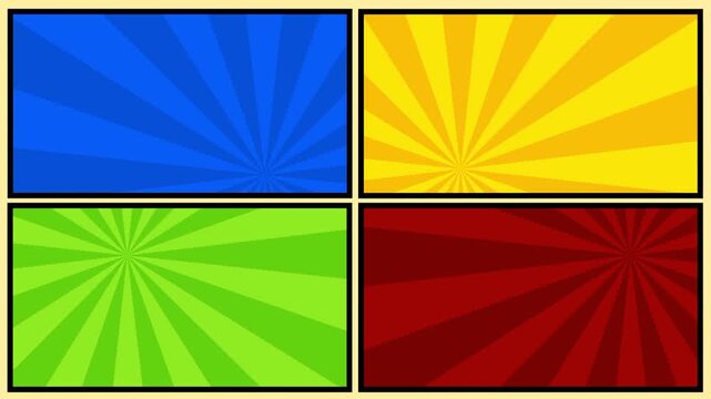 A retro comic-style four-panel grid background in blue green brown and yellow with classic sunburst ray pattern in each cell