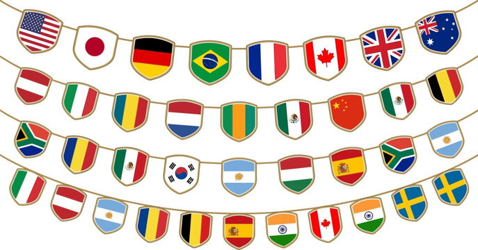 Multicolored string of international flags on shields