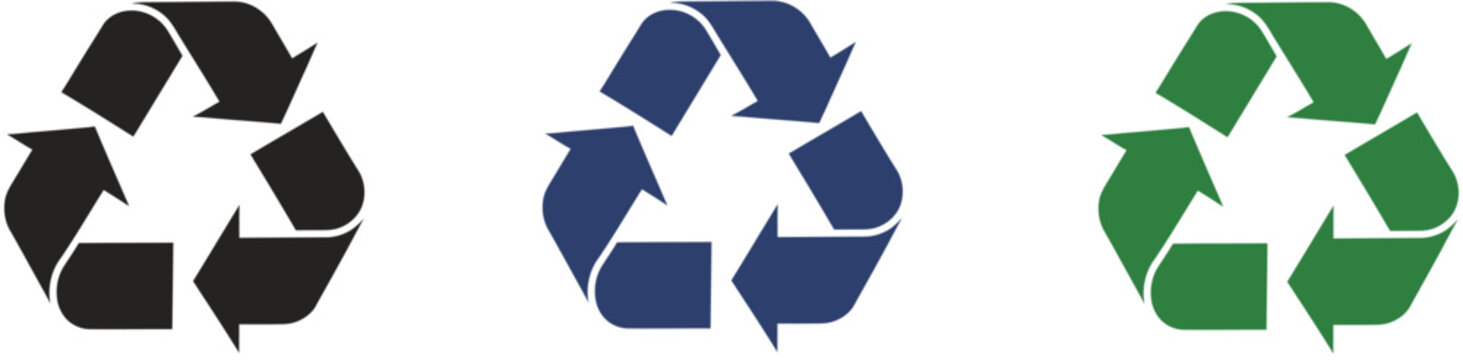 Recycling symbol vector icon set in green, blue, and black colors for eco sustainability, waste management, environmental protection, and packaging design systems, vector, designs