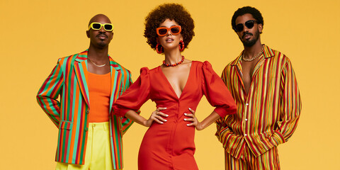 Naklejka premium Three stylish people posing in vibrant outfits and sunglasses against a bright yellow backdrop, exuding confidence and flair